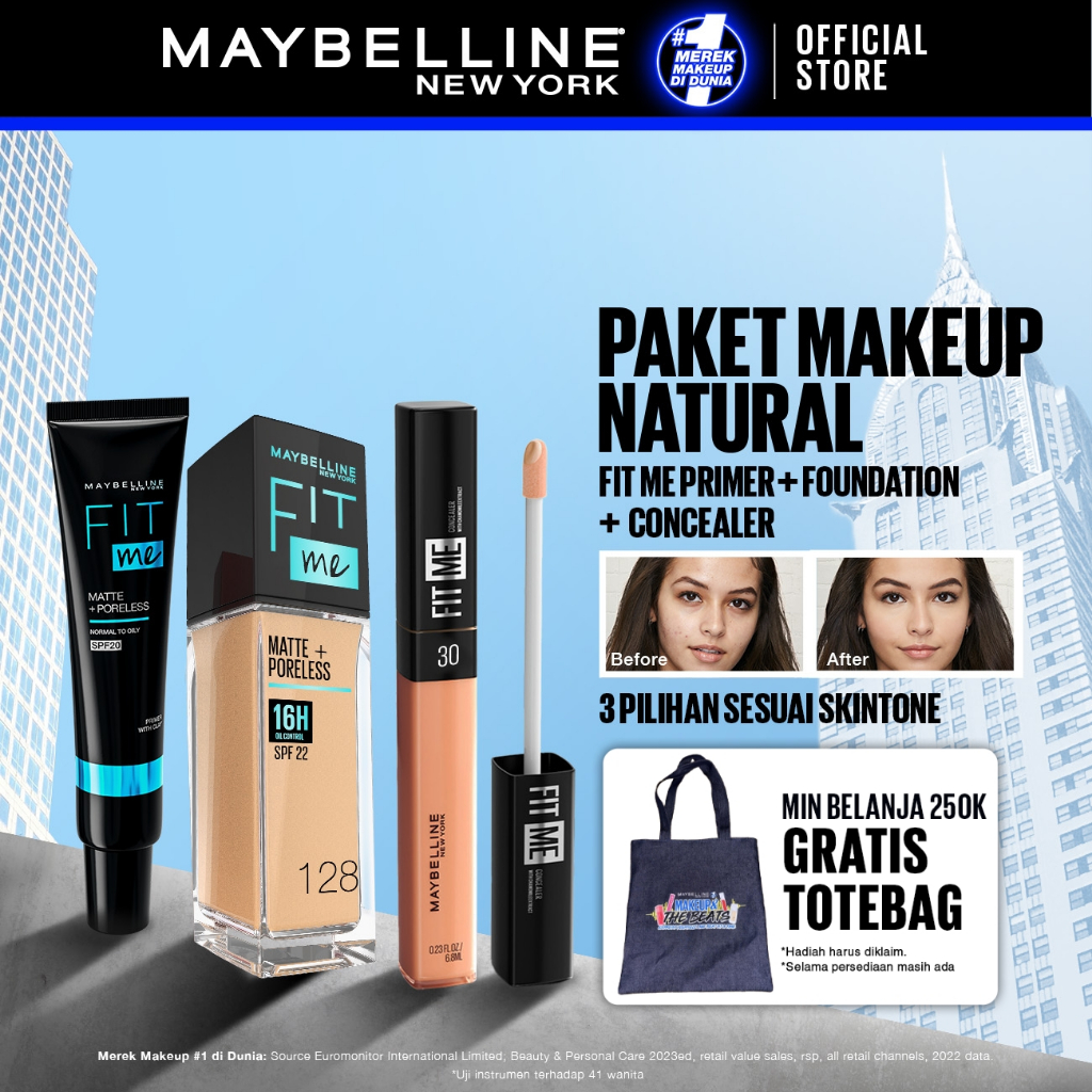 MAYBELLINE OFFICIAL Paket Hemat Face Makeup Fit Me Primer + Liquid Foundation 128 + Concealer 30 | K