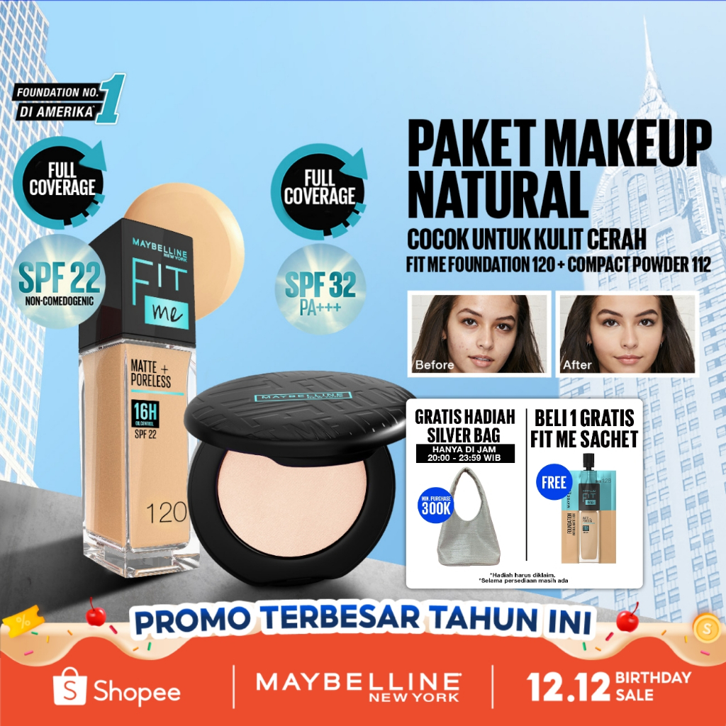 Maybelline Paket Makeup FACE KULIT CERAH - FIT ME Compact Powder 112 + FIT ME Liquid Foundation 120 