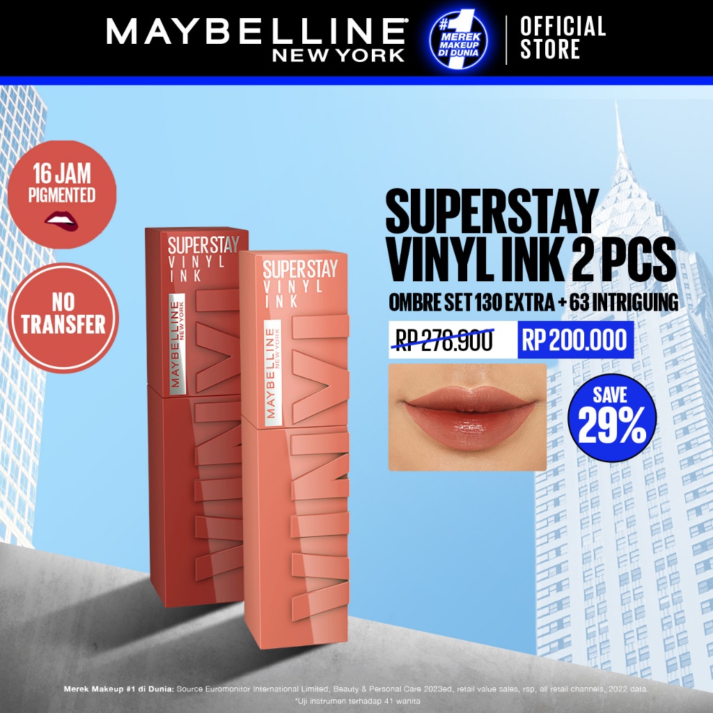 MAYBELLINE OFFICIAL Paket Hemat Superstay Vinyl Ink 2 pcs Ombre Set 130 Extra + 63 Intriguing Lipsti