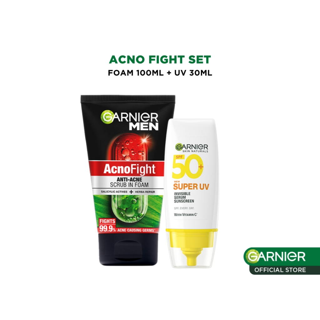 (PAKET HEMAT) Anti-Acne Face Wash & Sunscreen Vitamin C - Garnier Men Acno Fight Anti-Acne Scrub In 
