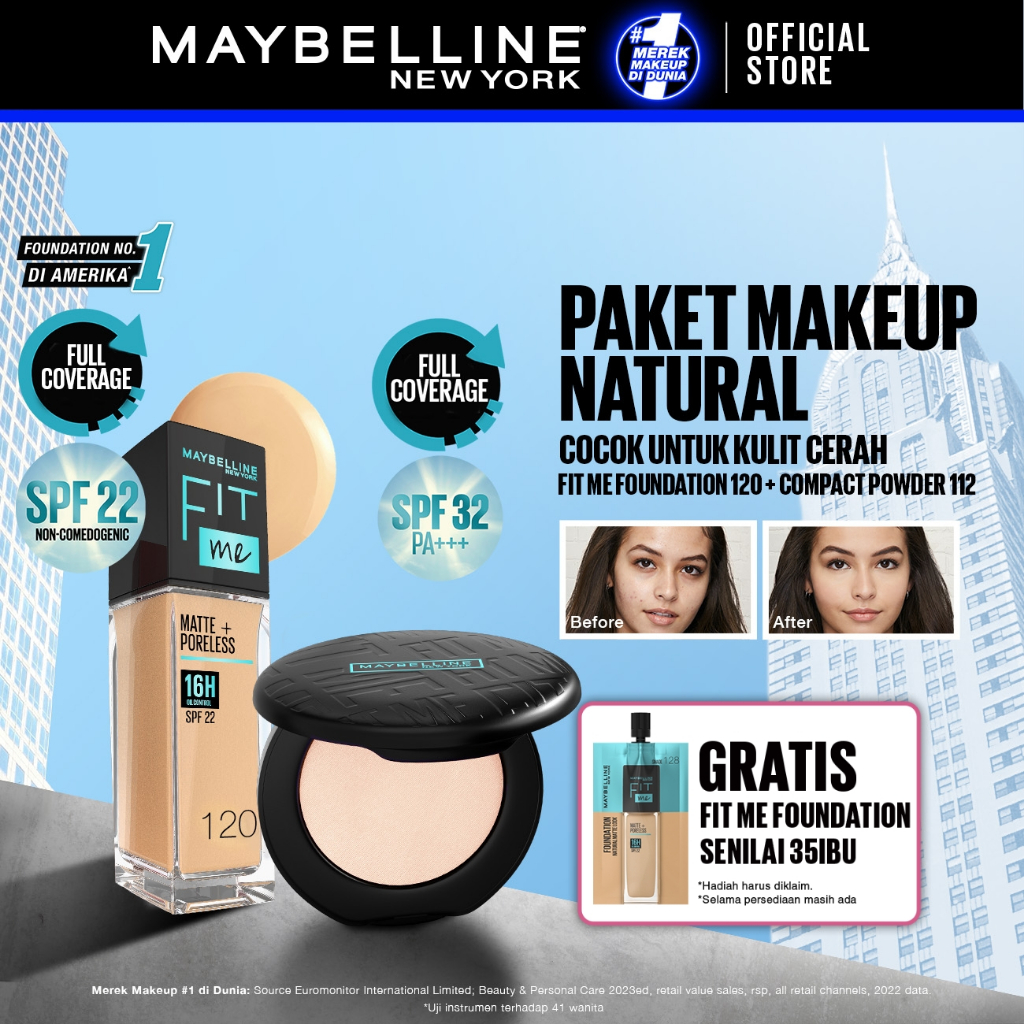 Maybelline Paket Makeup FACE KULIT CERAH - FIT ME Compact Powder 112 + FIT ME Liquid Foundation 120 