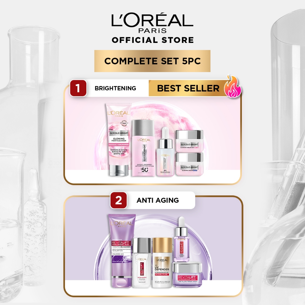 [PAKET HEMAT 5Pcs] L'Oreal Paris Skincare Set 5Pcs Serum Sunscreen Facial Wash Foam Day Night Cream 