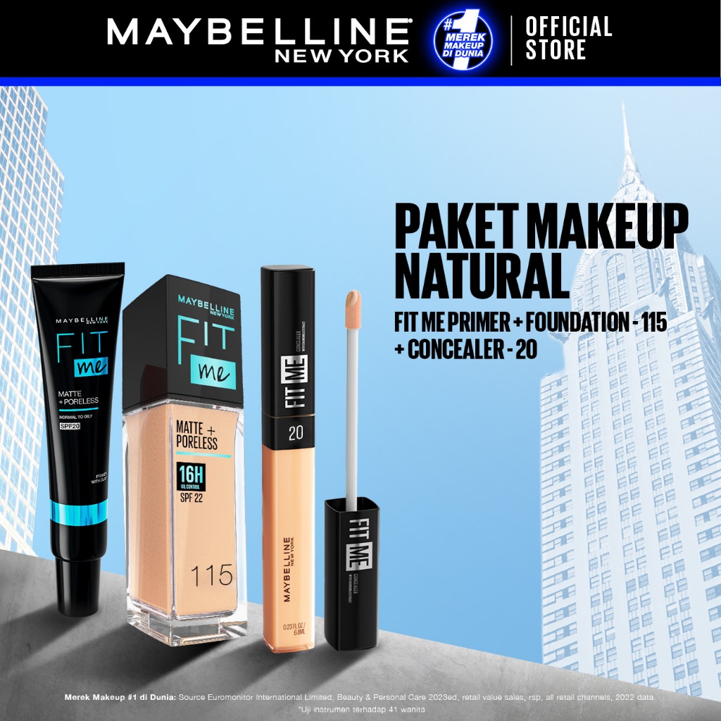 MAYBELLINE OFFICIAL Paket Hemat Face Makeup Fit Me Primer + Liquid Foundation 115 + Concealer 20 | K