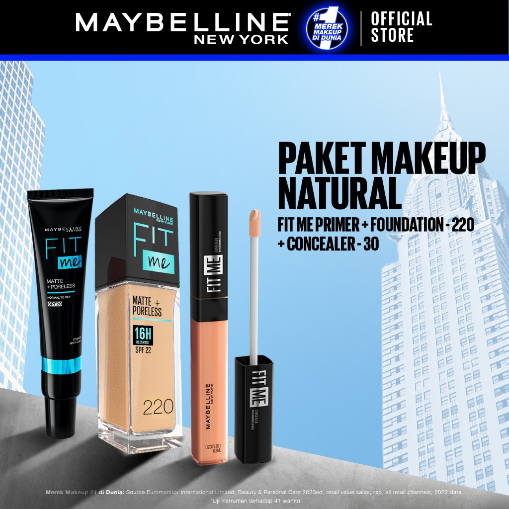 MAYBELLINE OFFICIAL Paket Hemat Face Makeup Fit Me Primer + Liquid Foundation 220 + Concealer 30 | K