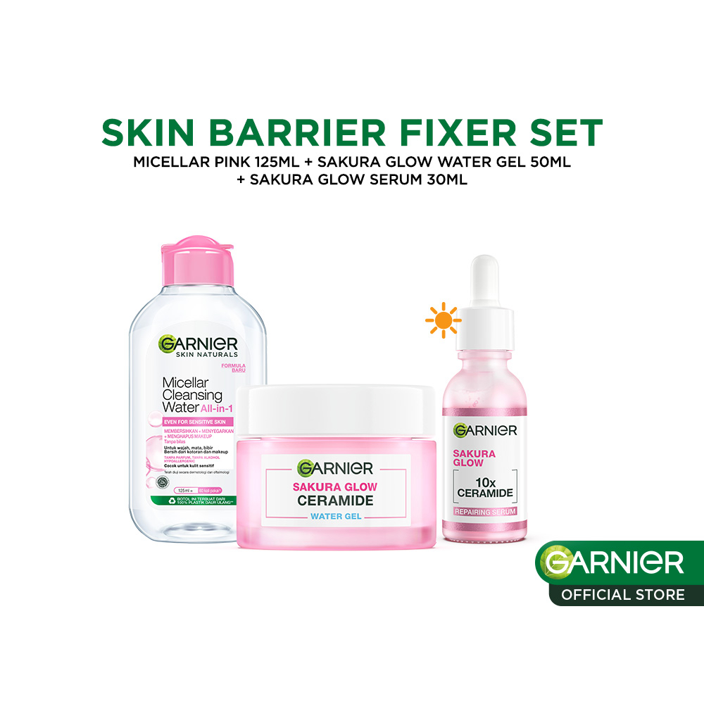 Paket Skincare Garnier Sakura Glow Skin Barrier Set (Micellar Pink 125ml, Serum 30ml, Gel Moisturize
