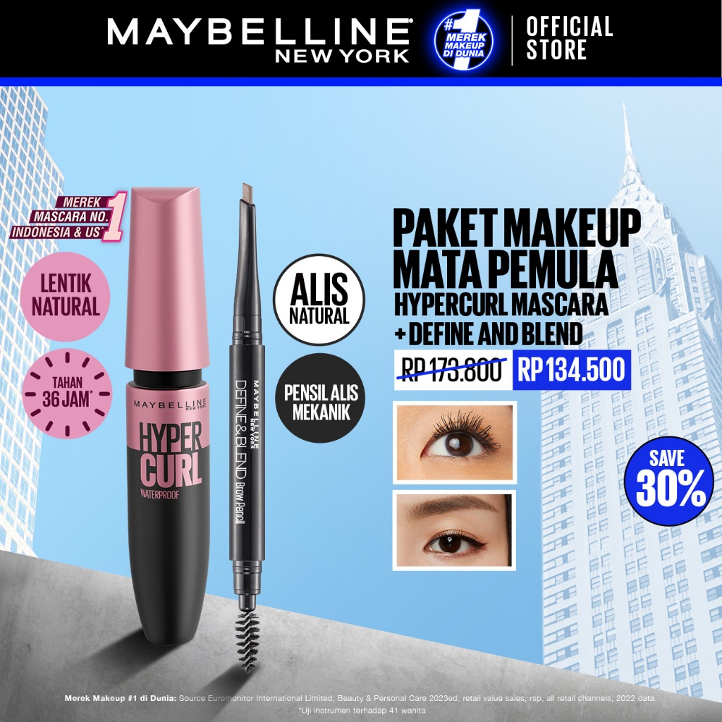 Maybelline Paket Makeup Mata Hypercurl Waterproof Mascara + Define and Blend Eyebrow Pencil | Eye Ma