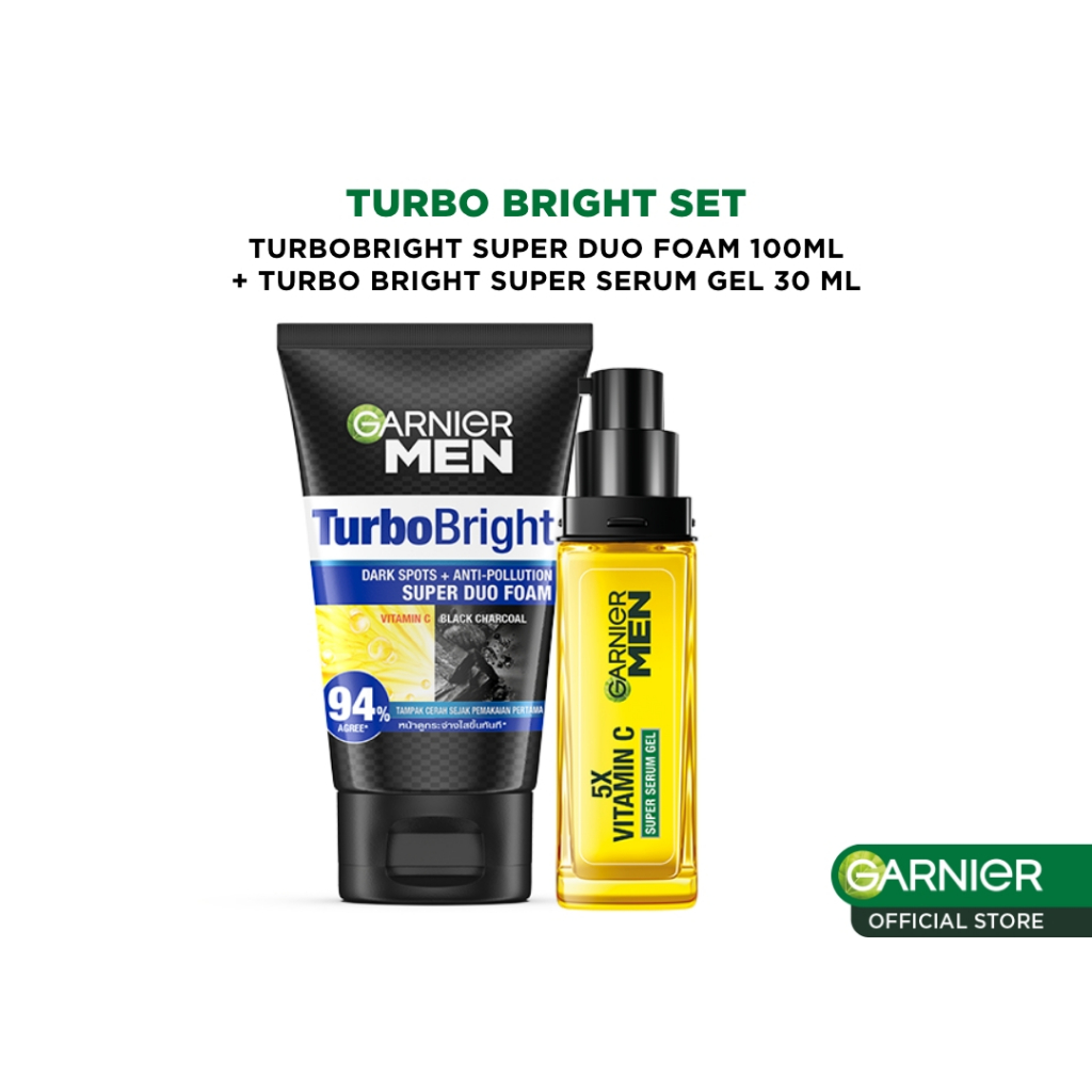 GARNIER Men Paket Skincare Mencerahkan Turbo Bright 5x Vitamin C Super Serum Gel 30ml + Super Duo Fa