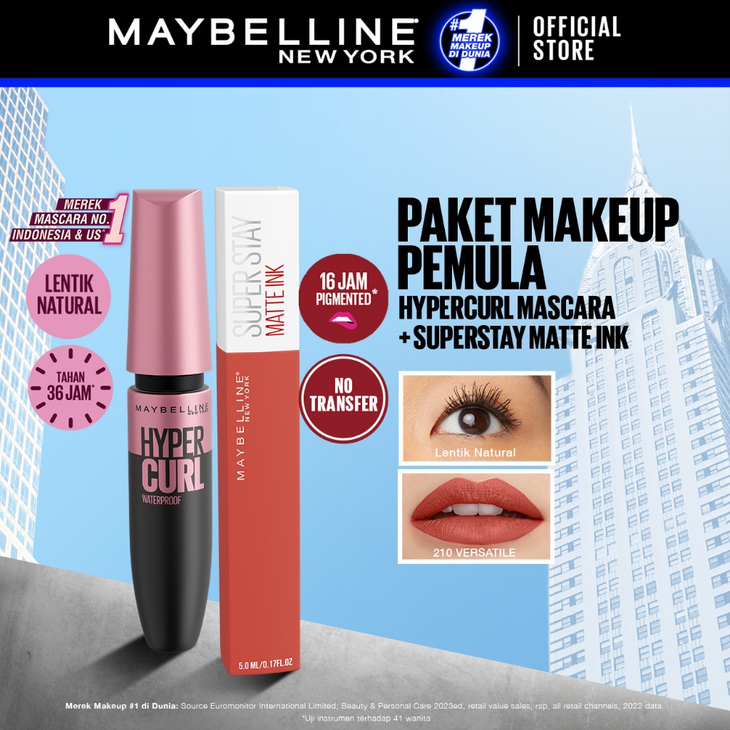 Maybelline Paket Makeup Anti Transfer Hypercurl 36Hr Waterproof Mascara + Superstay Matte Ink Versat