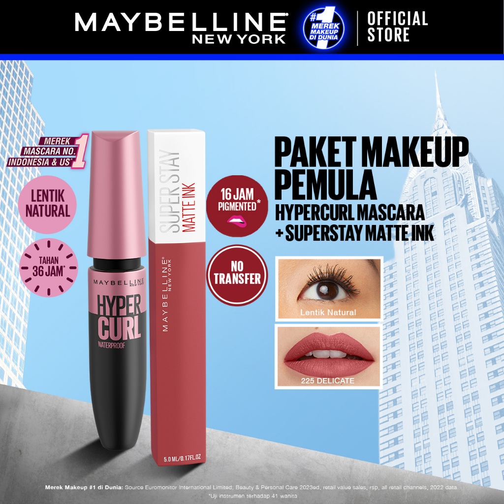 Maybelline Paket Makeup Anti Transfer Hypercurl 36Hr Waterproof Mascara + Superstay Matte Ink Delica