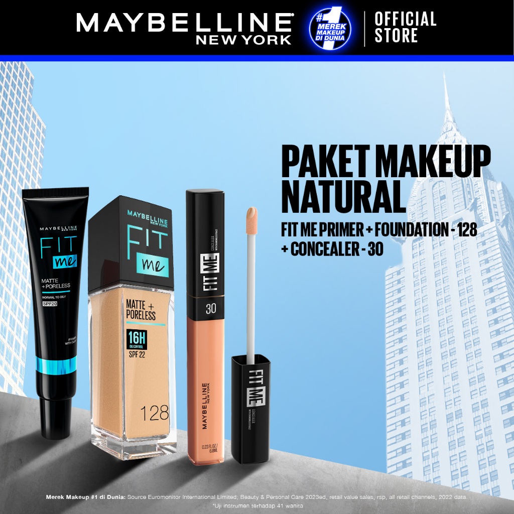 MAYBELLINE OFFICIAL Paket Hemat Face Makeup Fit Me Primer + Liquid Foundation 128 + Concealer 30 | K