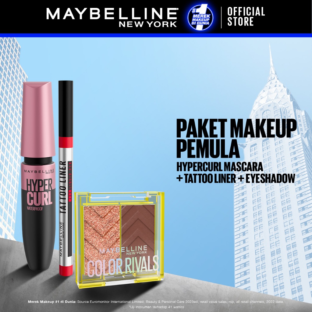 Maybelline Paket Hemat Hypercurl Waterproof Mascara + Tattoo Liner 48hr + Color Rivals Eyeshadow | W