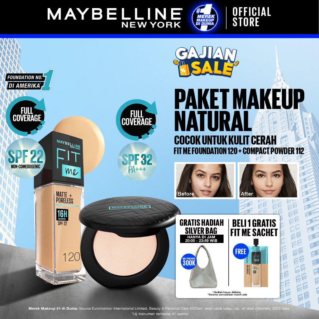 Maybelline Paket Makeup FACE KULIT CERAH - FIT ME Compact Powder 112 + FIT ME Liquid Foundation 120 