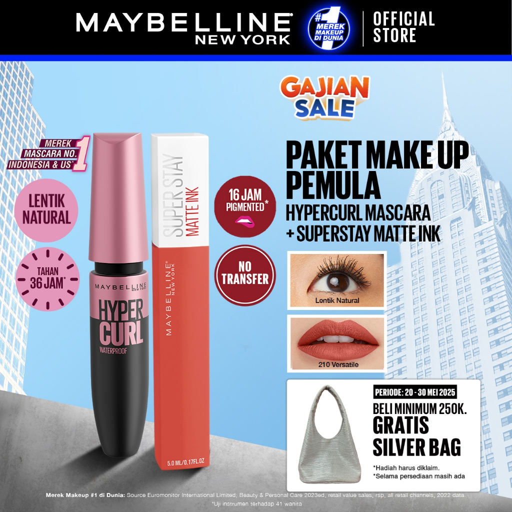 Maybelline Paket Makeup Anti Transfer Hypercurl 36Hr Waterproof Mascara + Superstay Matte Ink Versat