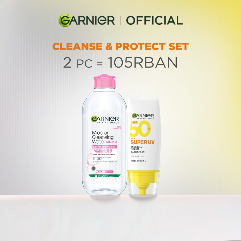 Paket Garnier 2-Step Micellar & Sunscreen Kit - Micellar Water Pink 400ml + Super UV Invisible Serum