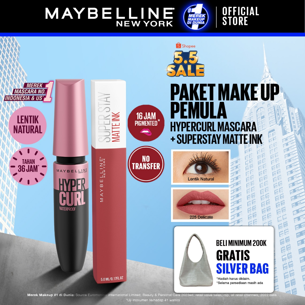 Maybelline Paket Makeup Anti Transfer Hypercurl 36Hr Waterproof Mascara + Superstay Matte Ink Delica
