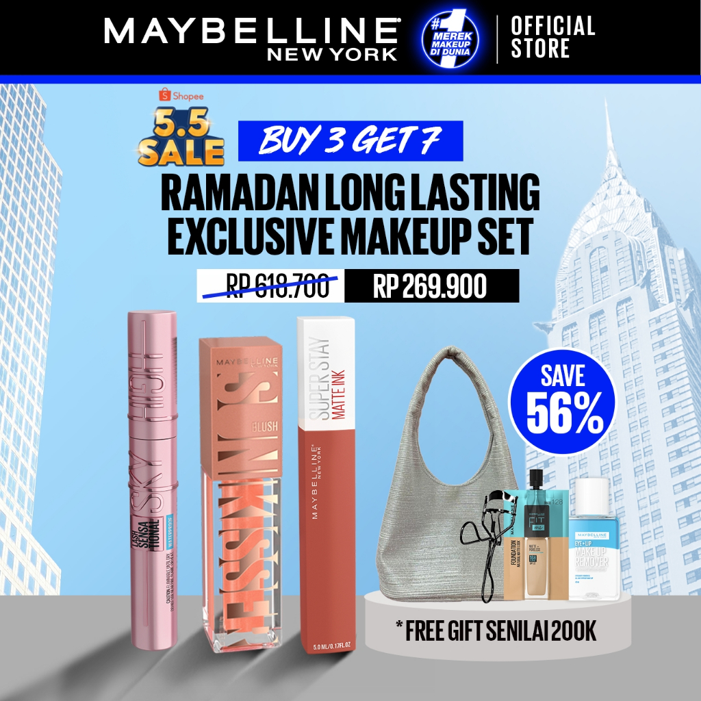 MAYBELLINE OFFICIAL Ramadan Gold Up Makeup Set : Superstay Lumi Matte FDT 120 + Sunkisser Liquid Blu