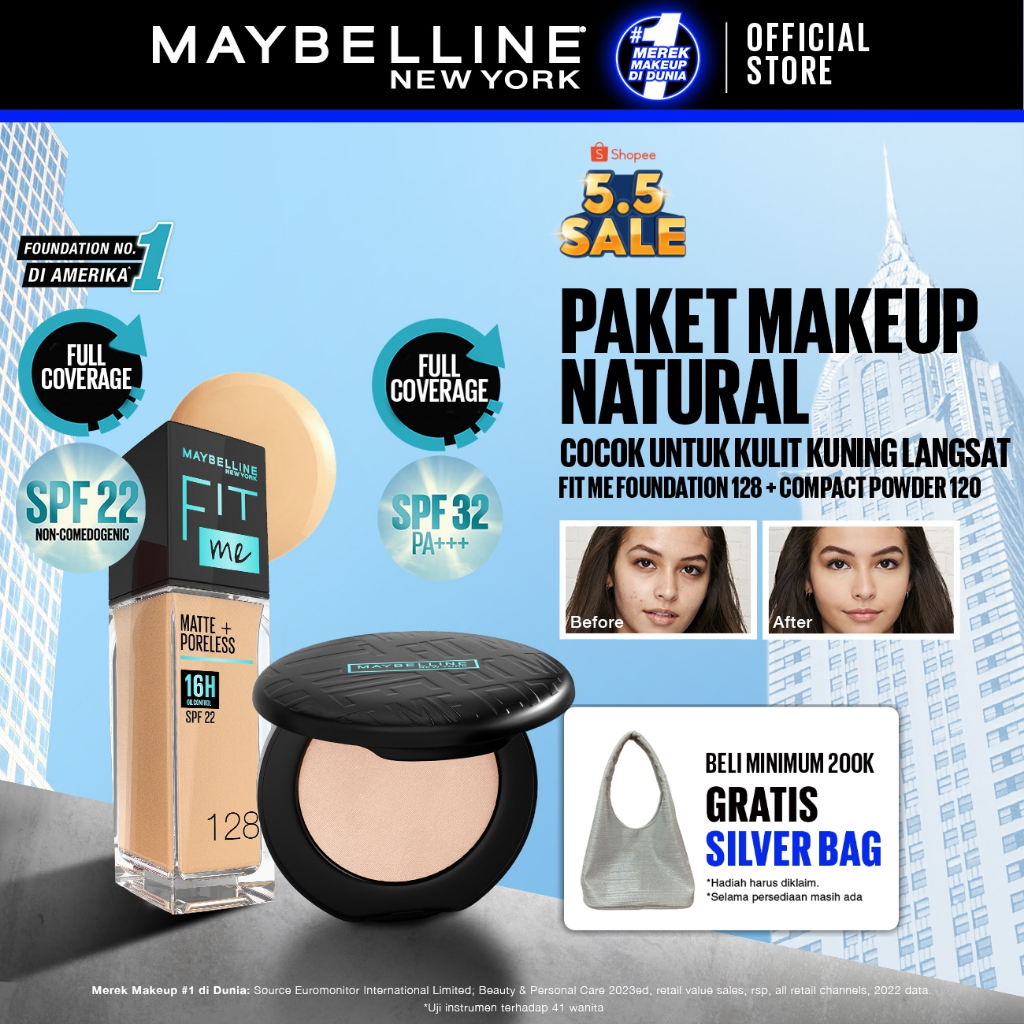 MAYBELLINE OFFICIAL Paket Makeup FACE KULIT KUNING LANGSAT - FIT ME Compact Powder 120 + FIT ME Liqu
