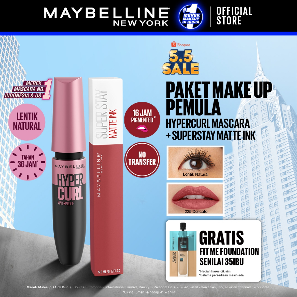 Maybelline Paket Makeup Anti Transfer Hypercurl 36Hr Waterproof Mascara + Superstay Matte Ink Delica