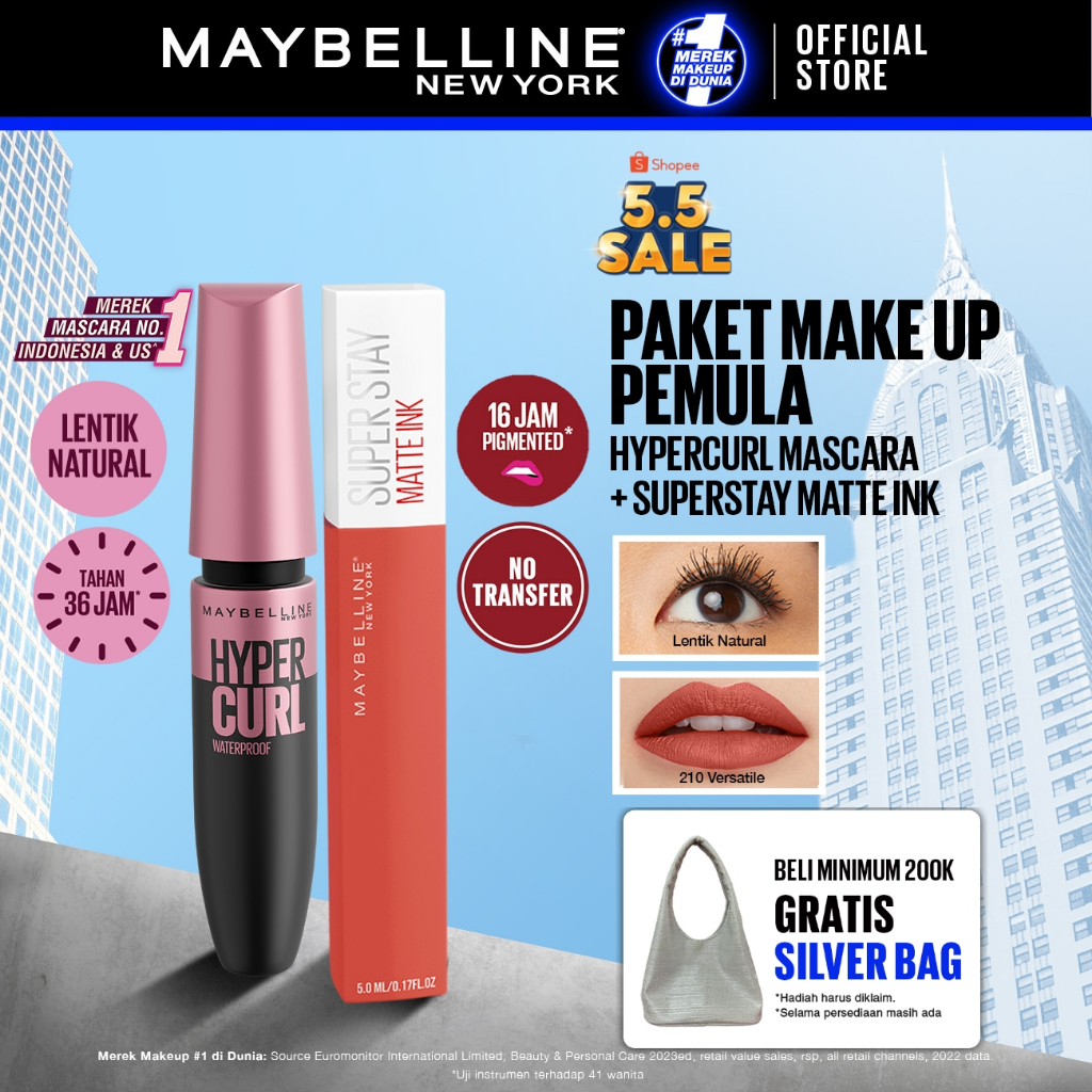 Maybelline Paket Makeup Anti Transfer Hypercurl 36Hr Waterproof Mascara + Superstay Matte Ink Versat