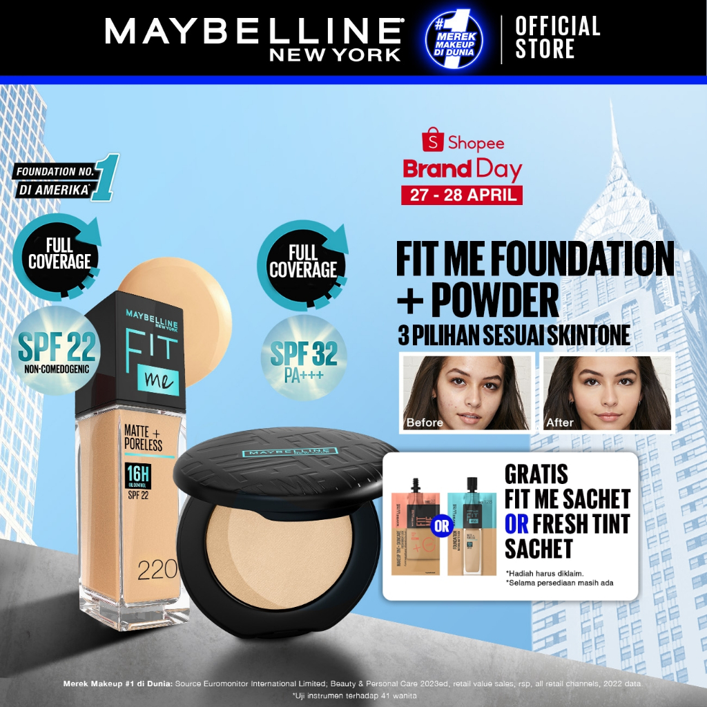 MAYBELLINE OFFICIAL Paket Makeup FACE KULIT SAWO MATANG - FIT ME Compact Powder 128 + FIT ME Liquid 