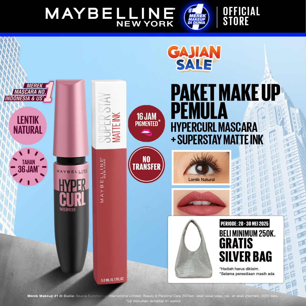 Maybelline Paket Makeup Anti Transfer Hypercurl 36Hr Waterproof Mascara + Superstay Matte Ink Delica