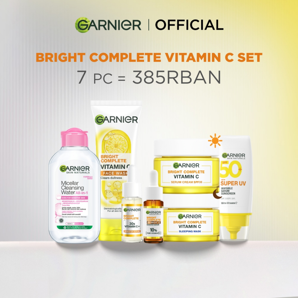 [PAKET HEMAT 7 PCS] GARNIER Paket Skincare 1 set lengkap Complete Kit Vitamin C Serum 30 ml + Overni