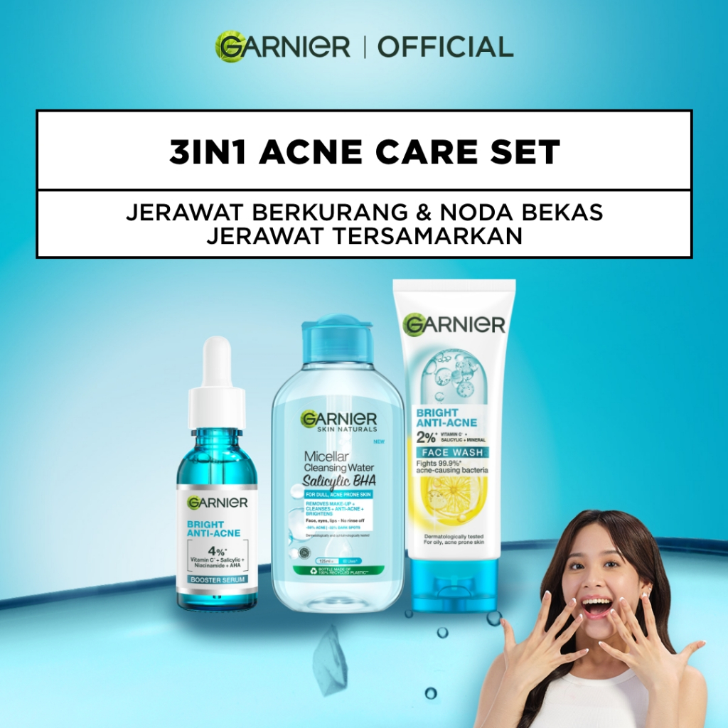 Paket Skincare Garnier Bright Complete Anti Acne Complete Set Untuk Maksimal  Lawan Jerawat dan Beka
