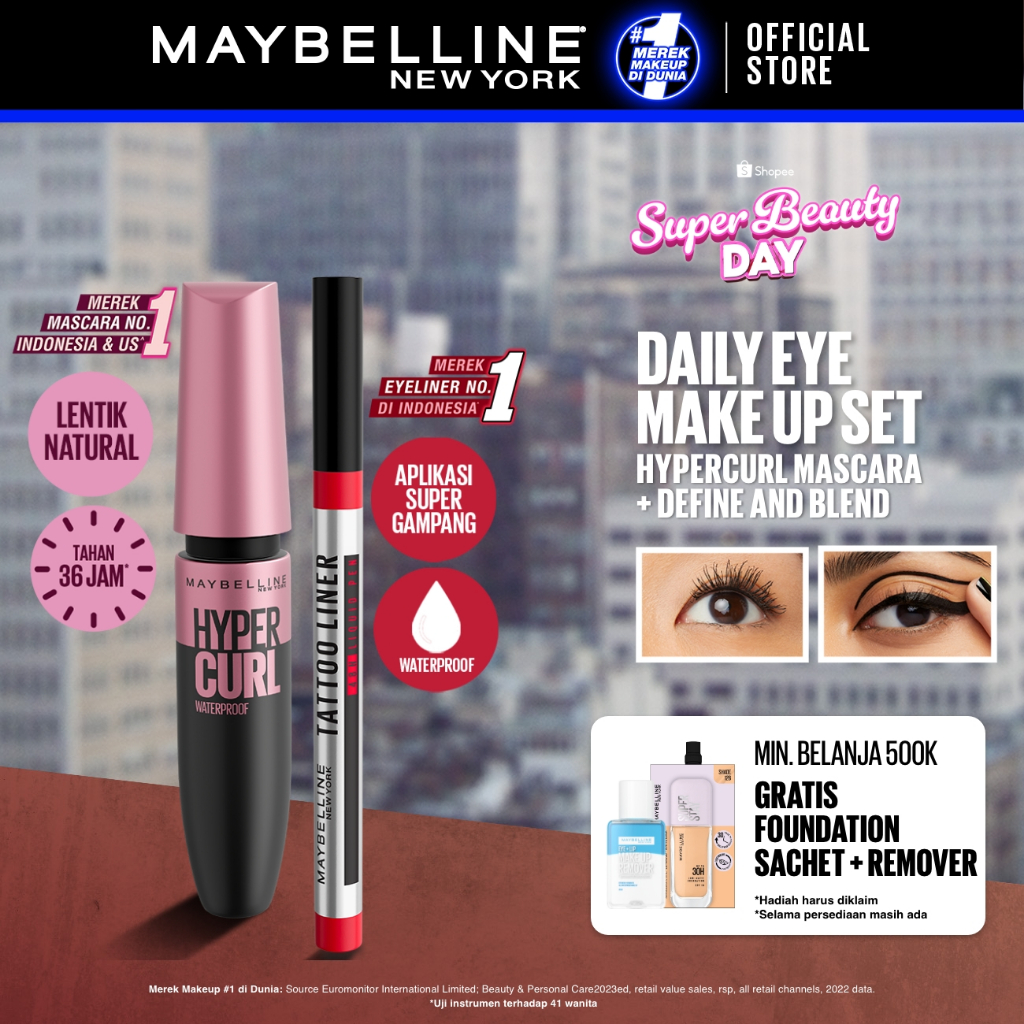 MAYBELLINE OFFICIAL Daily Eye Makeup Bundle Hypercurl Waterproof Mascara + Tattoo Liner 48H Liquid Pen Eyeliner Waterproof Tahan 48 Jam