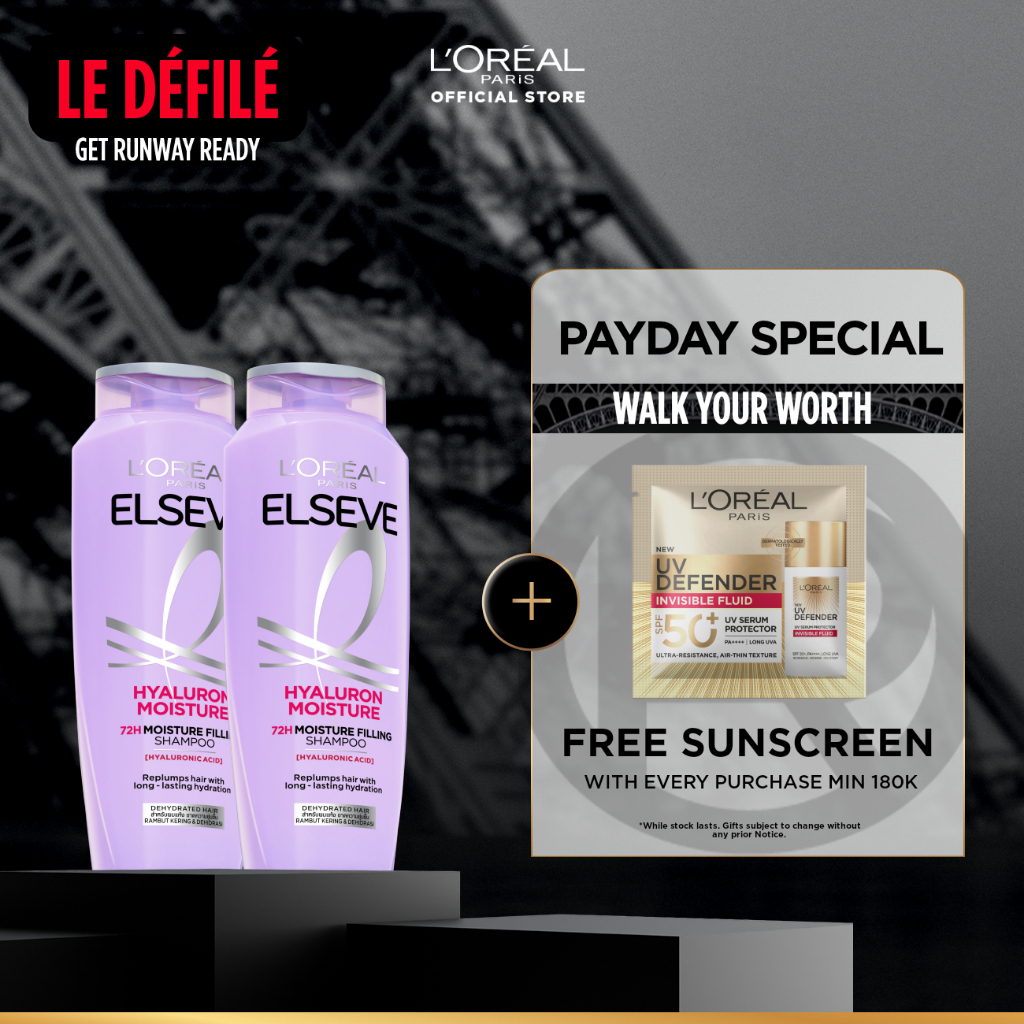 (PAKET HEMAT ISI 2) L’Oreal Paris ELSEVE Hyaluron Moisture Shampoo - 280 ml (Hyaluronic Acid 72 Jam 