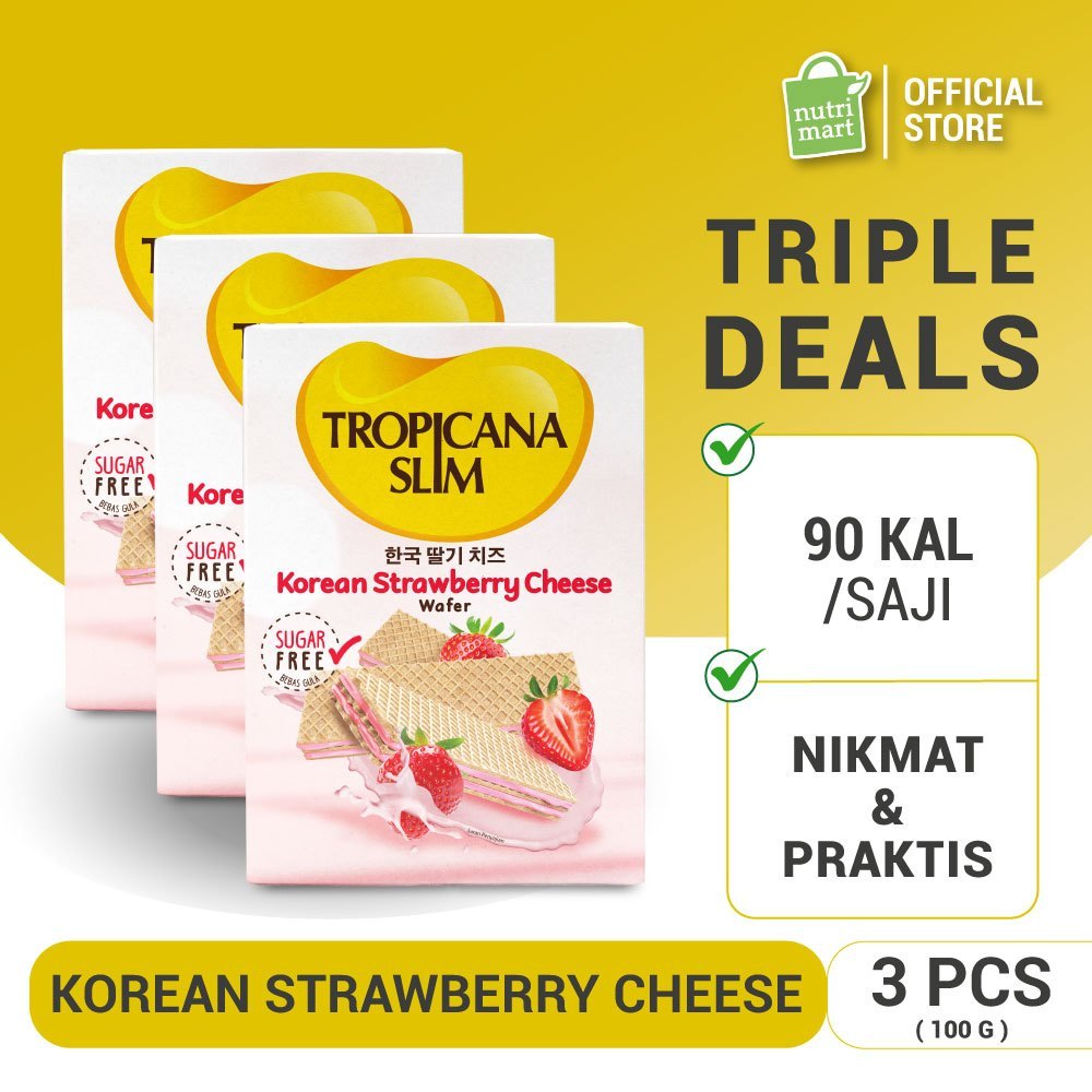 Triple Pack - Tropicana Slim Wafer Korean Strawberry Cheese 5 Sch - Wafer Bebas Gula, 90 Kalori untu