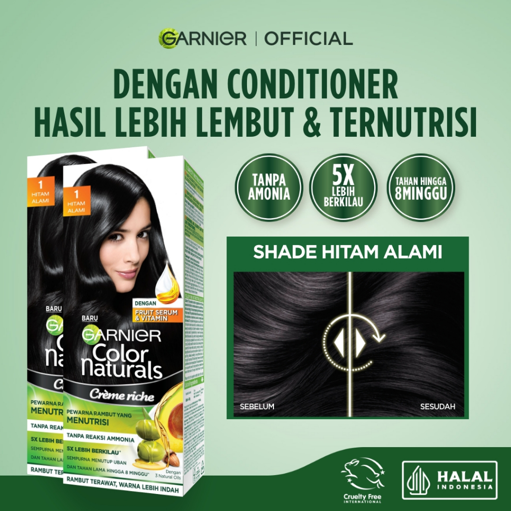 GARNIER Hair Colour Pewarna Rambut Permanen ISI 2 Big Kit 105ml #1 HItam | Cat Rambut Tanpa Amonia C