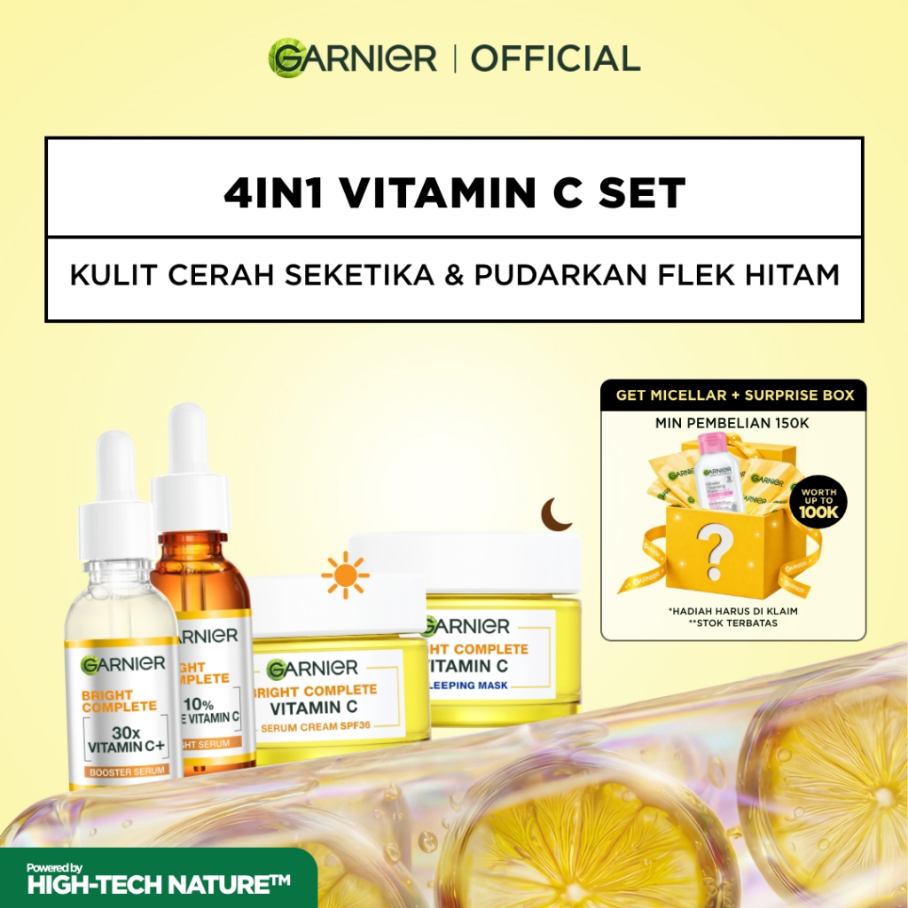 GARNIER Paket Skincare 1 set lengkap Complete Kit Vitamin C Serum 30 ml + Overnight Serum 30ml + Nig