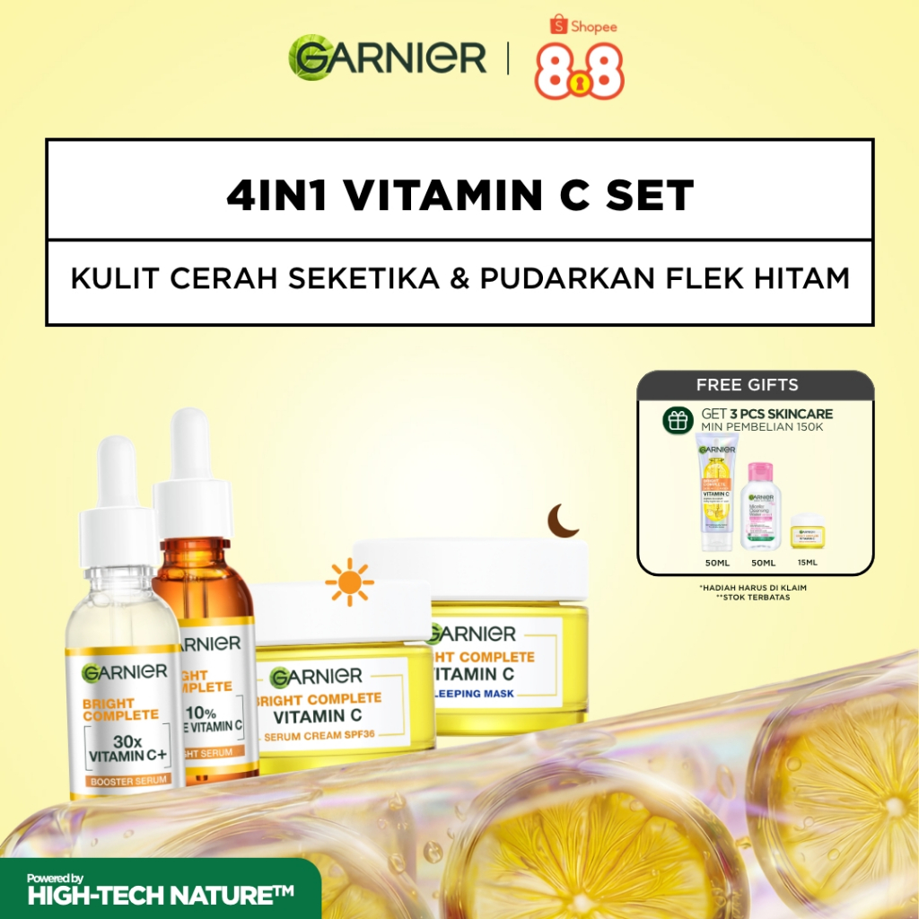 GARNIER Skincare set Paket Skincare Lengkap dengan Vitamin C Serum, Night Cream, dan Day Cream untuk