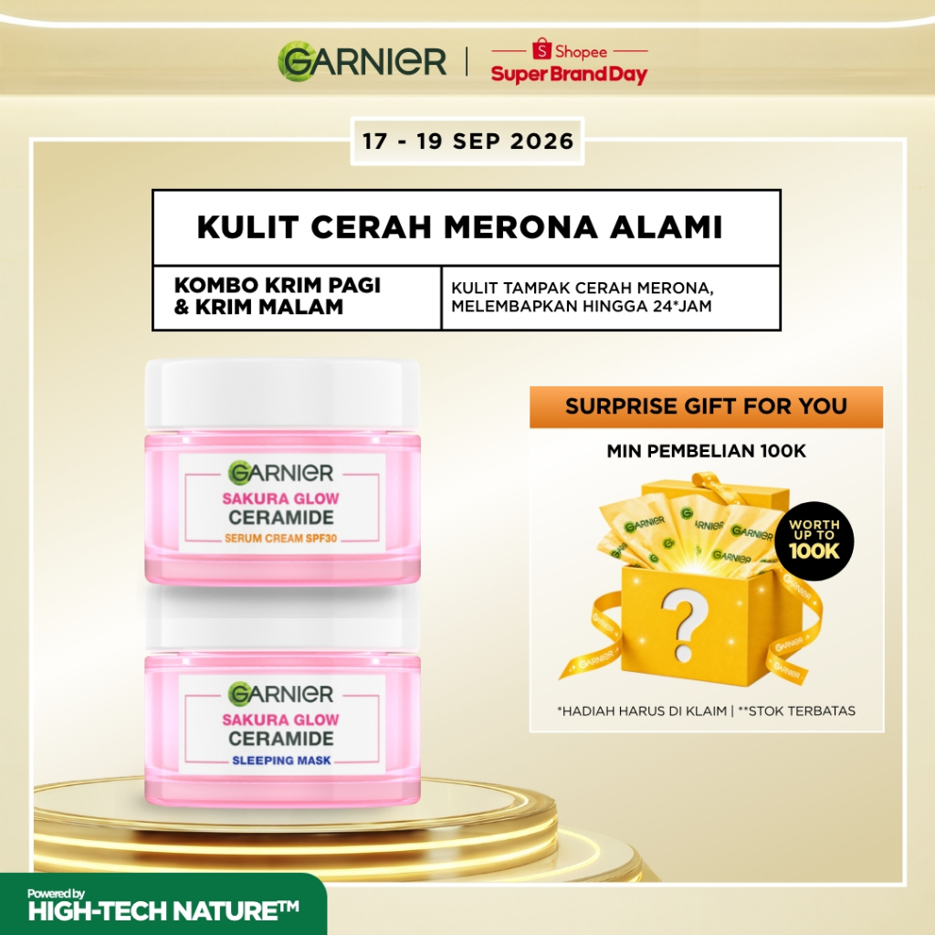 GARNIER Sakura Glow Ceramide Skin Barrier Simple Set Day Cream & Night Cream 50 ml Krim Siang & Krim