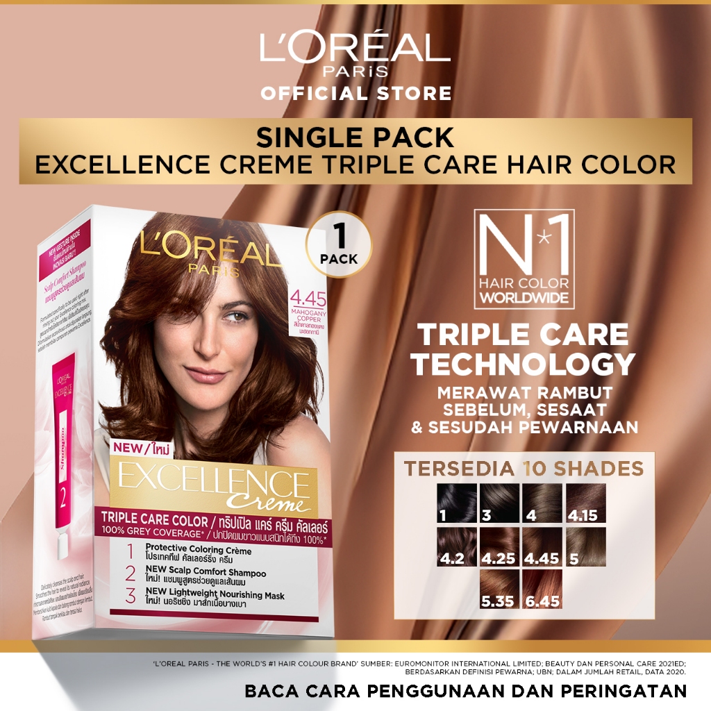 L'Oreal Paris Excellence Creme Triple Care Hair Color | (Cat / Pewarna Rambut Permanen) | Single Pac