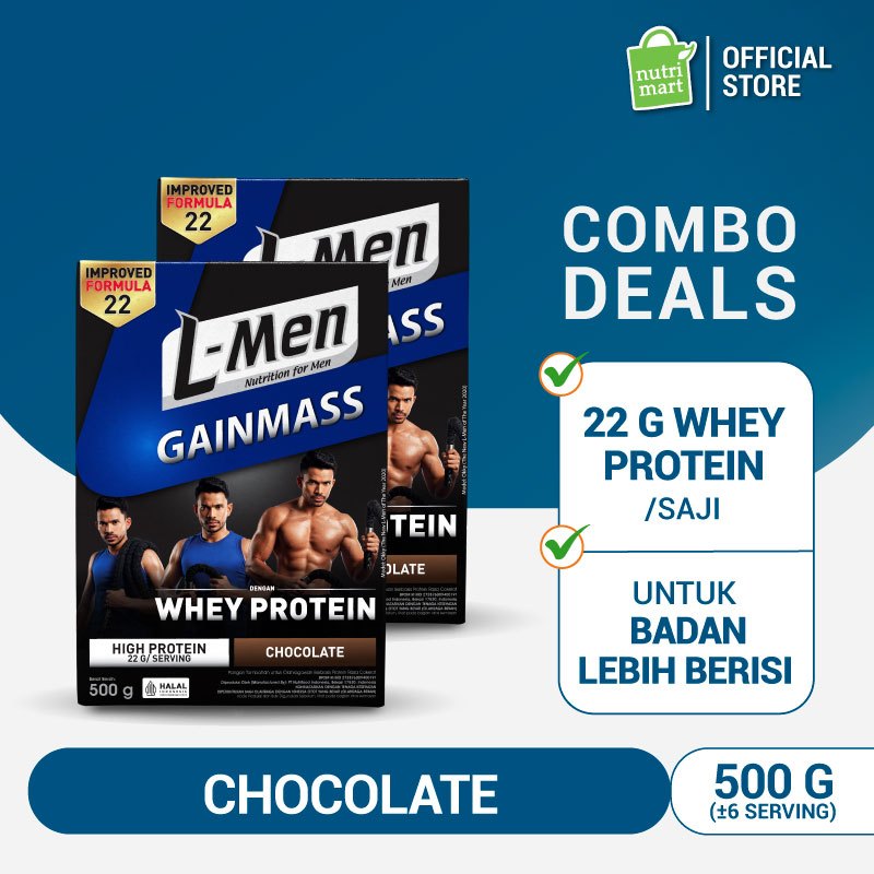 Twin Pack - L-Men Gain Mass Chocolate 500g - Suplemen Penambah Massa Otot Tinggi Whey Protein