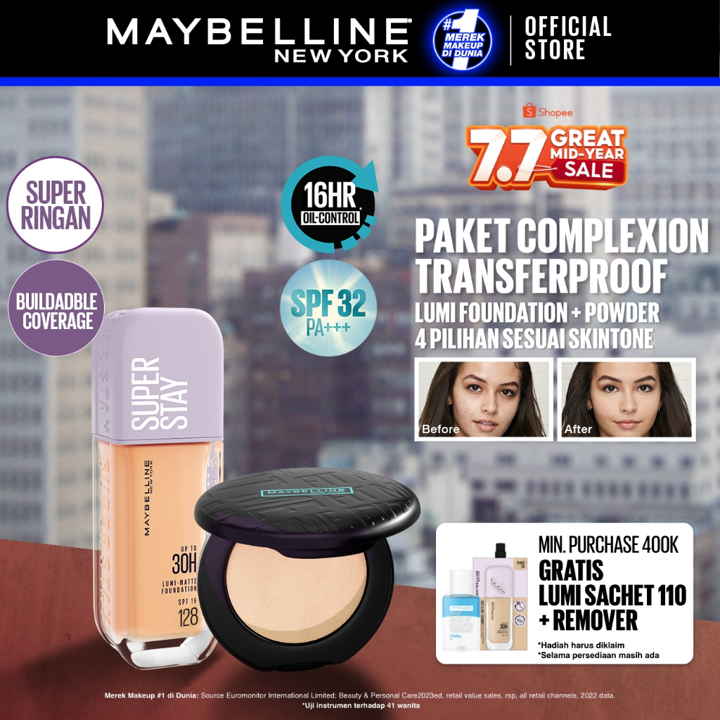 MAYBELLINE OFFICIAL Paket Makeup Superstay Lumi Foundation + Fit Me Compact Powder