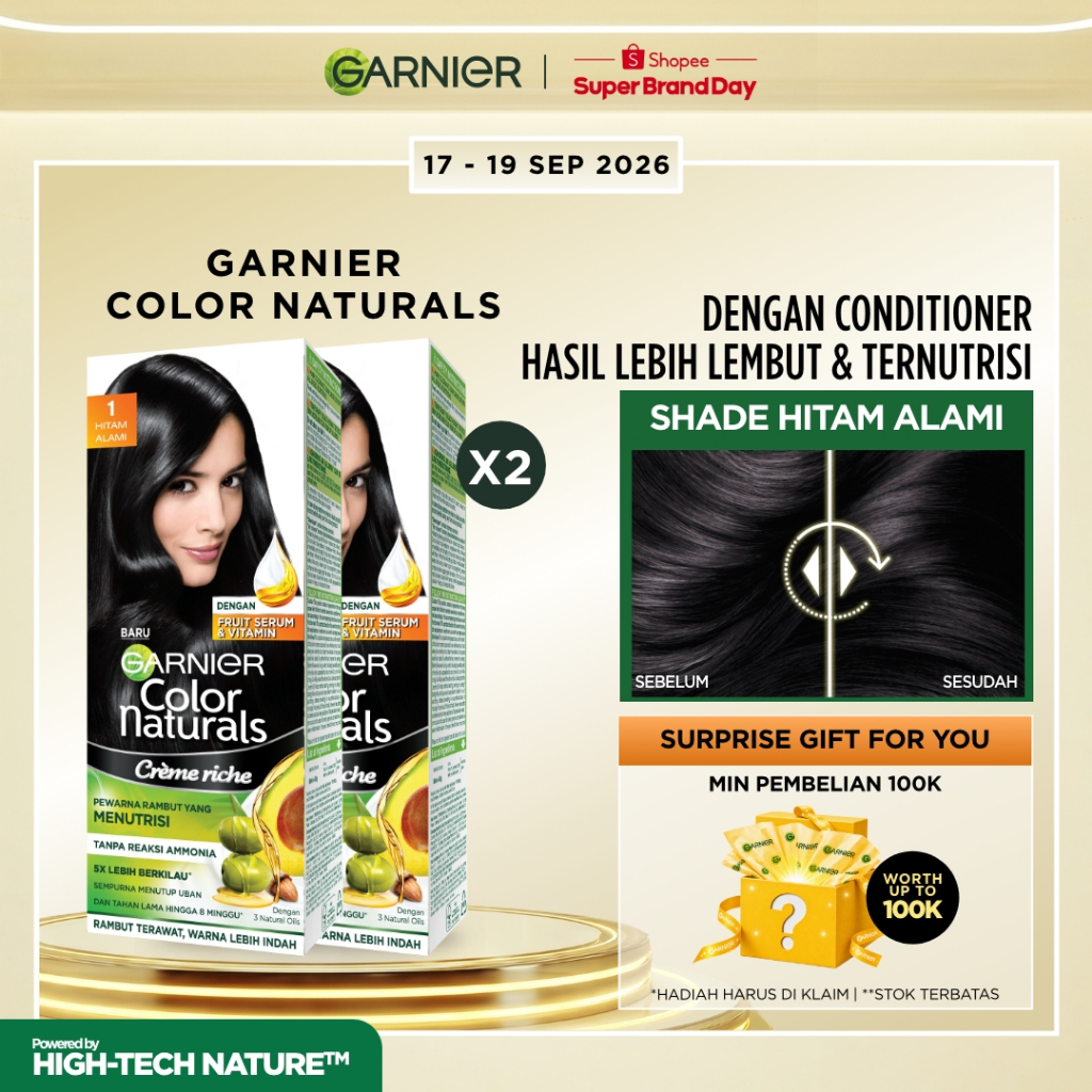 GARNIER Hair Colour Pewarna Rambut Permanen ISI 2 Big Kit 105ml #1 HItam | Cat Rambut Tanpa Amonia C