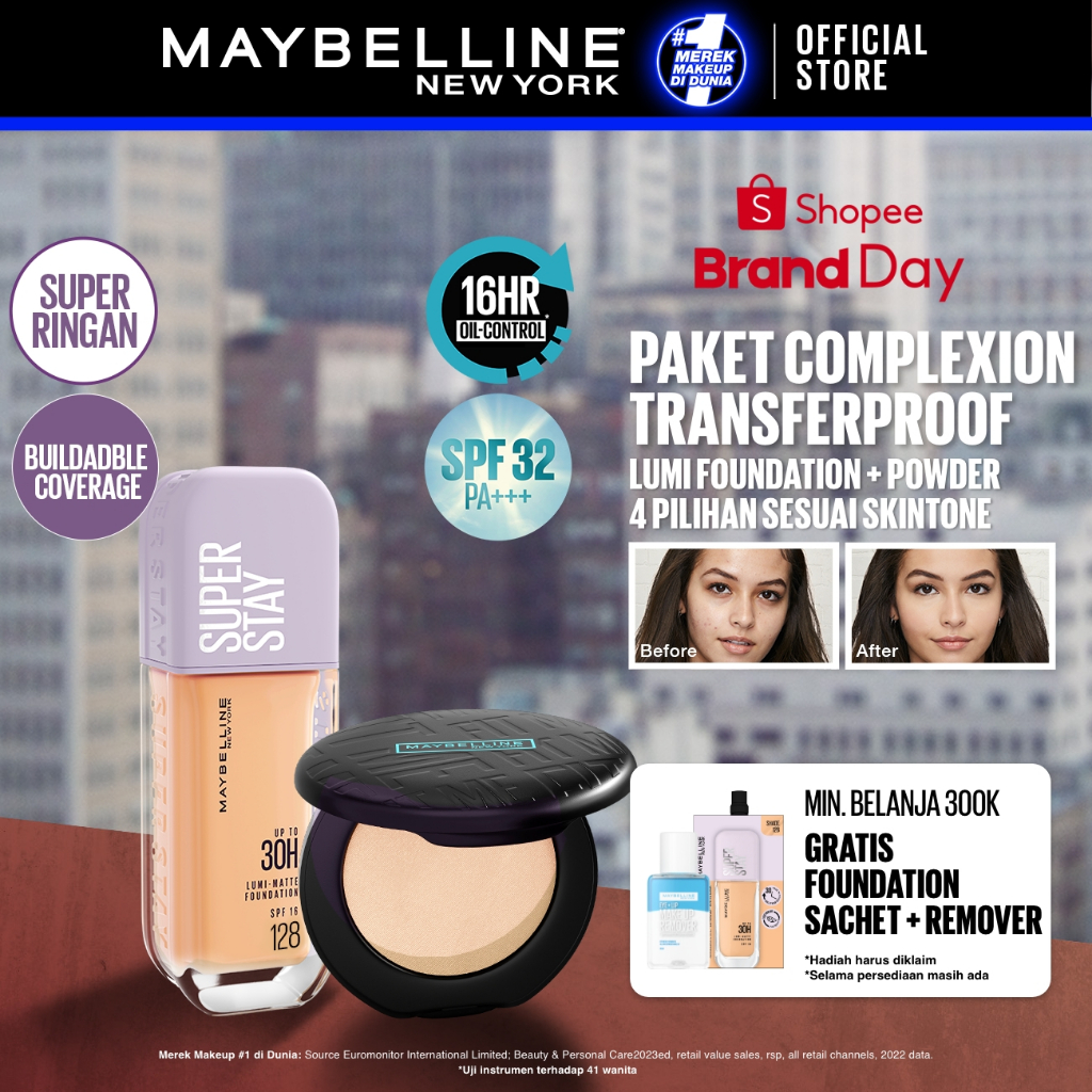 MAYBELLINE OFFICIAL Paket Makeup Superstay Lumi Foundation + Fit Me Compact Powder