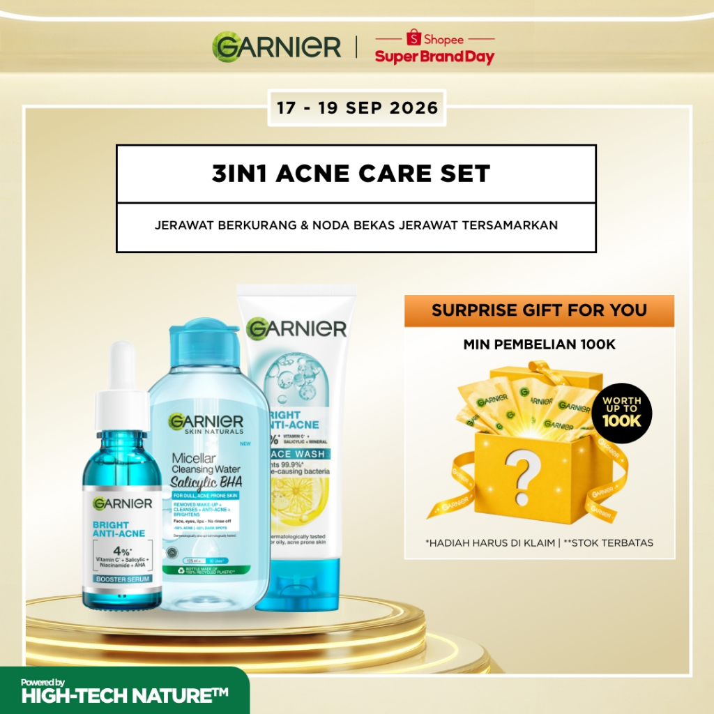 Paket Skincare Garnier Bright Complete Anti Acne Complete Set Untuk Maksimal  Lawan Jerawat dan Beka