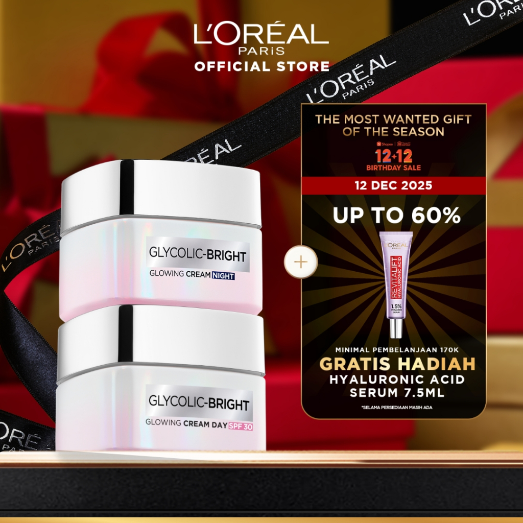 L'Oreal Paris Glycolic Bright Glowing Day Cream 50ml + Night Cream 50ml - Melembapkan dan Mencerahka