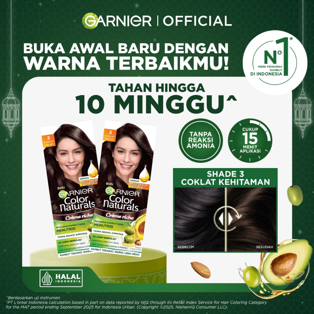 Garnier Color Naturals Hair Color - 3 Coklat Gelap (Cat / Pewarna Rambut Permanent) - Twinpack