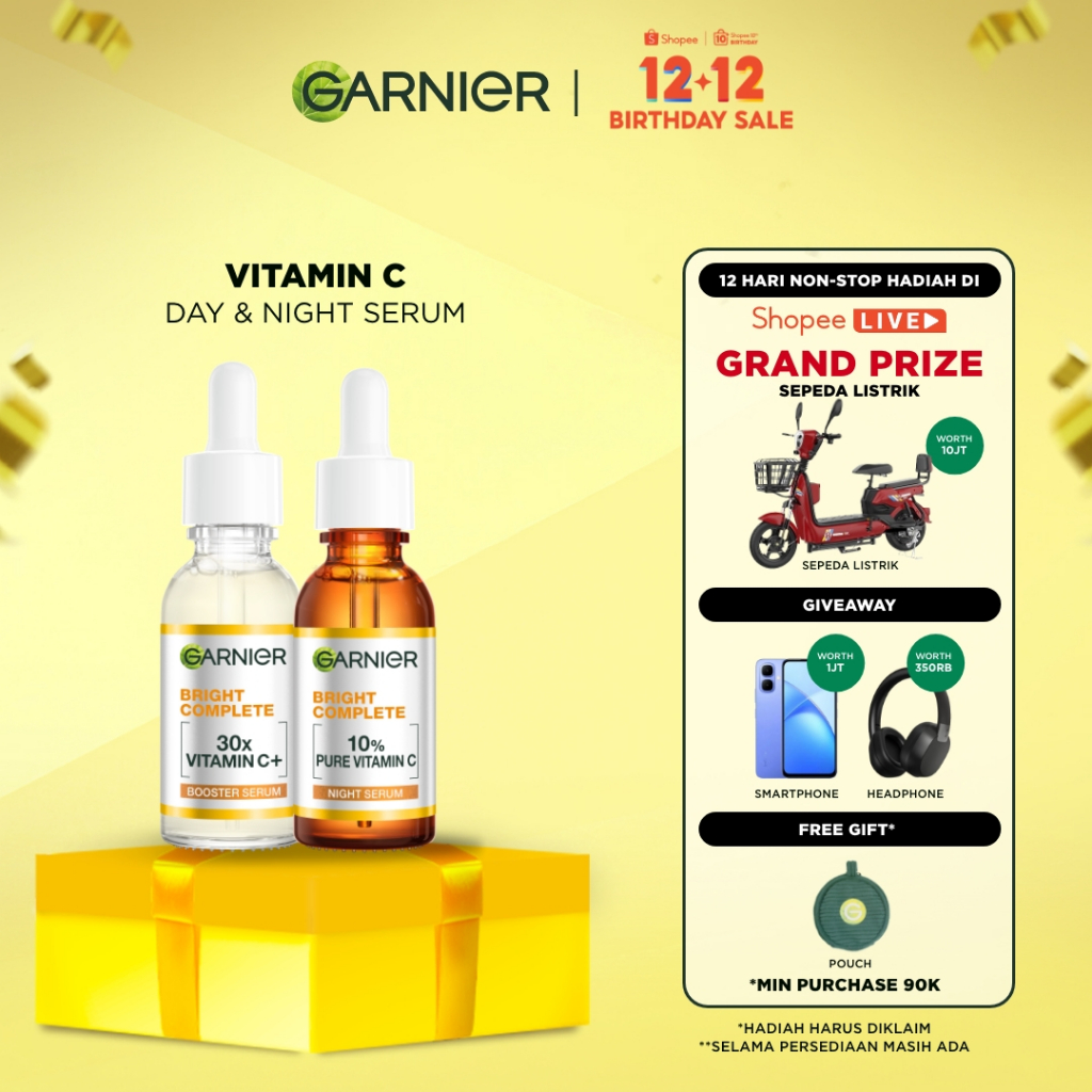 GARNIER Paket Skincare Isi 2 Vitamin C Day Serum & Night Serum 30 ml Tone Up Serum Mencerahkan Wajah