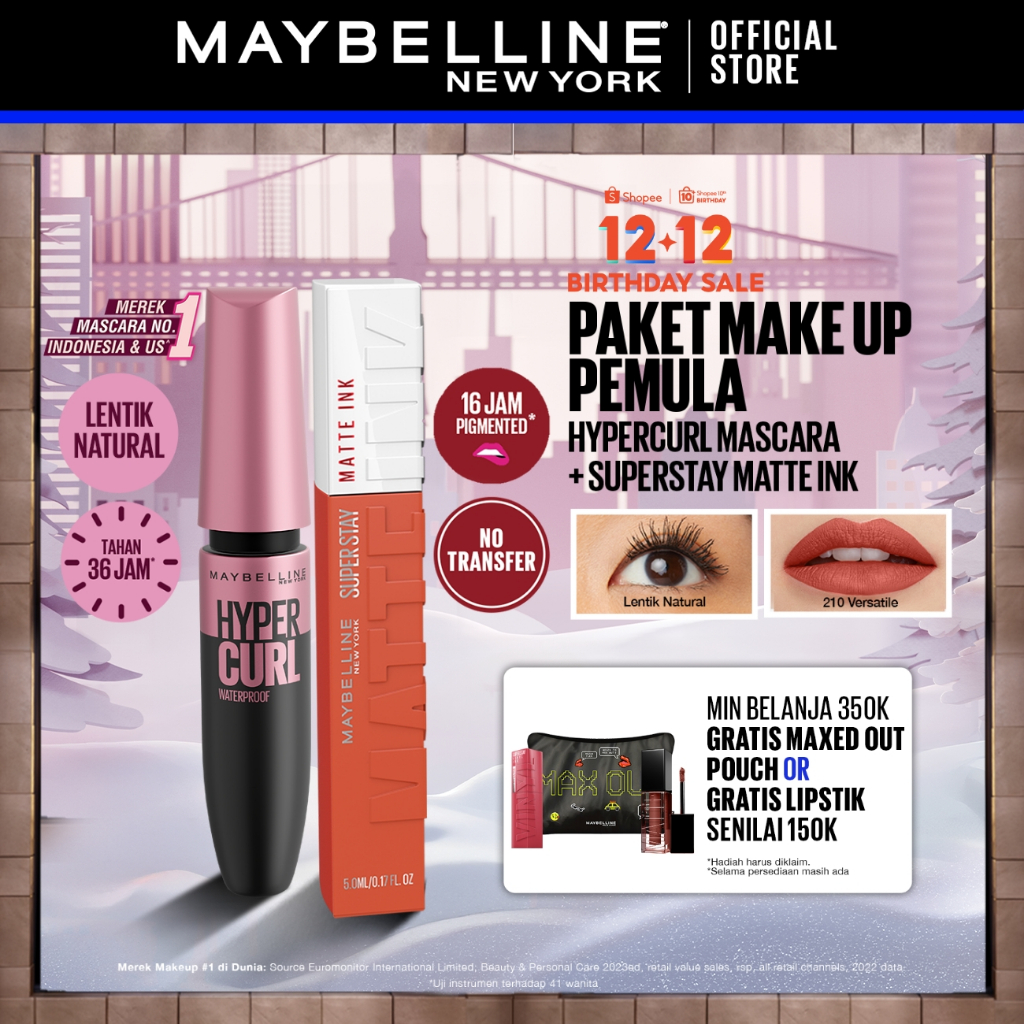MAYBELLINE OFFICIAL Paket Makeup Anti Transfer Hypercurl Waterproof Mascara + Superstay Matte Ink | 