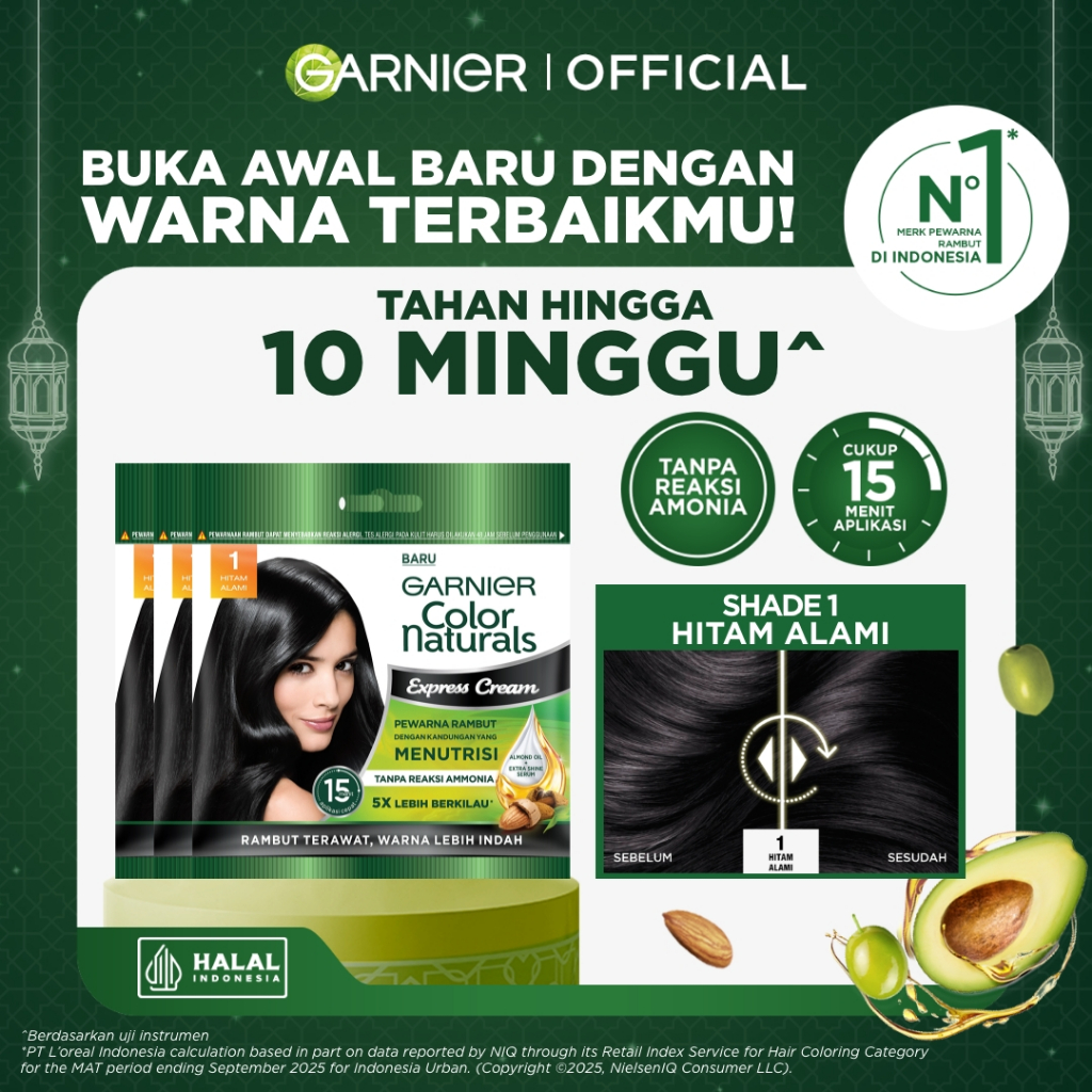 GARNIER Hair Colour Pewarna Rambut Permanen ISI 3 Sachet 20ml #1 Hitam Alami | Cat Rambut Tanpa Amon
