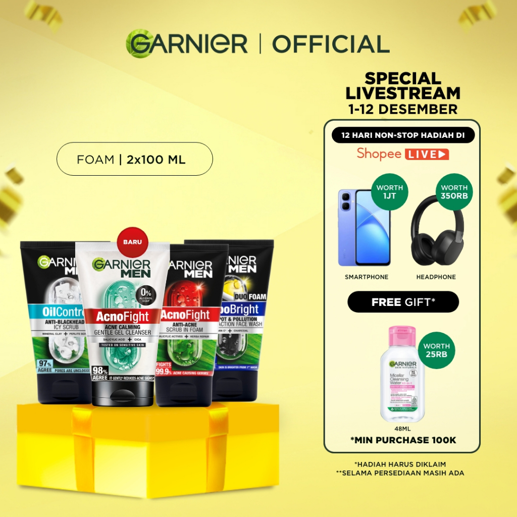 GARNIER Men Facial Wash 100ml ALL VARIANT ISI 2 sabun cuci muka pria - face wash Skincare pembersih 