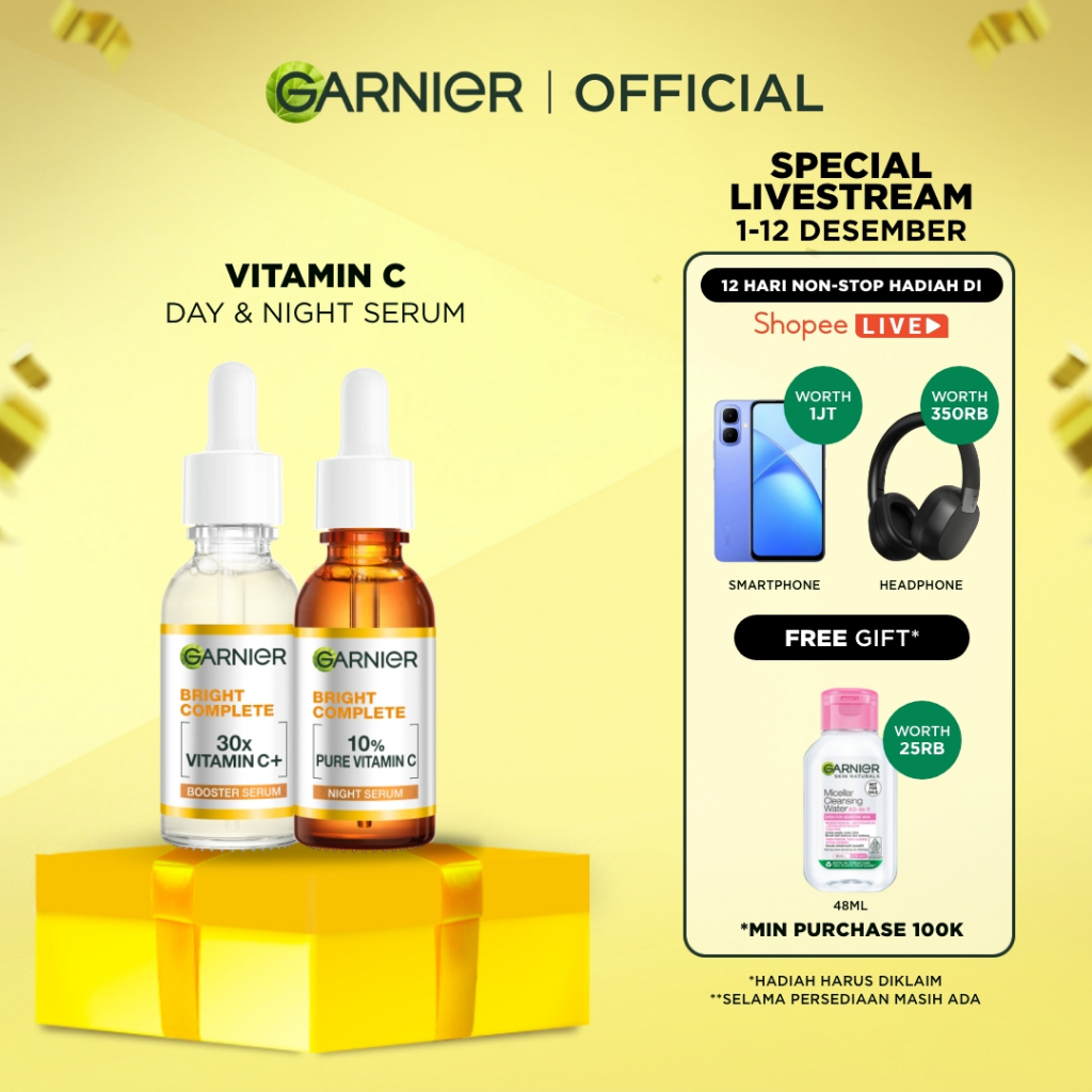 GARNIER Paket Skincare Isi 2 Vitamin C Day Serum & Night Serum 30 ml Tone Up Serum Mencerahkan Wajah