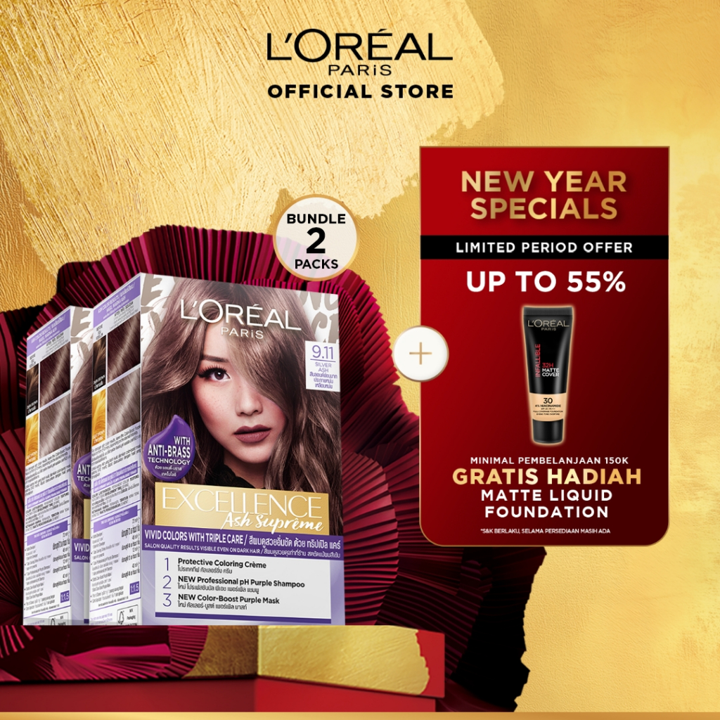 L'Oreal Paris Excellence Ash Supreme #9.11 Silver Ash Hair Color Twinpack (Cat Rambut L'Oreal)