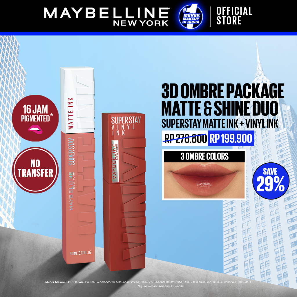 MAYBELLINE OFFICIAL 3D Ombre Lip Packages : Matte & Shine Duo (Superstay Matte Ink + Superstay Vinyl