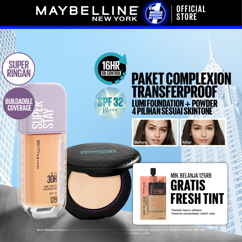 MAYBELLINE OFFICIAL Paket Makeup Superstay Lumi Foundation + Fit Me Compact Powder